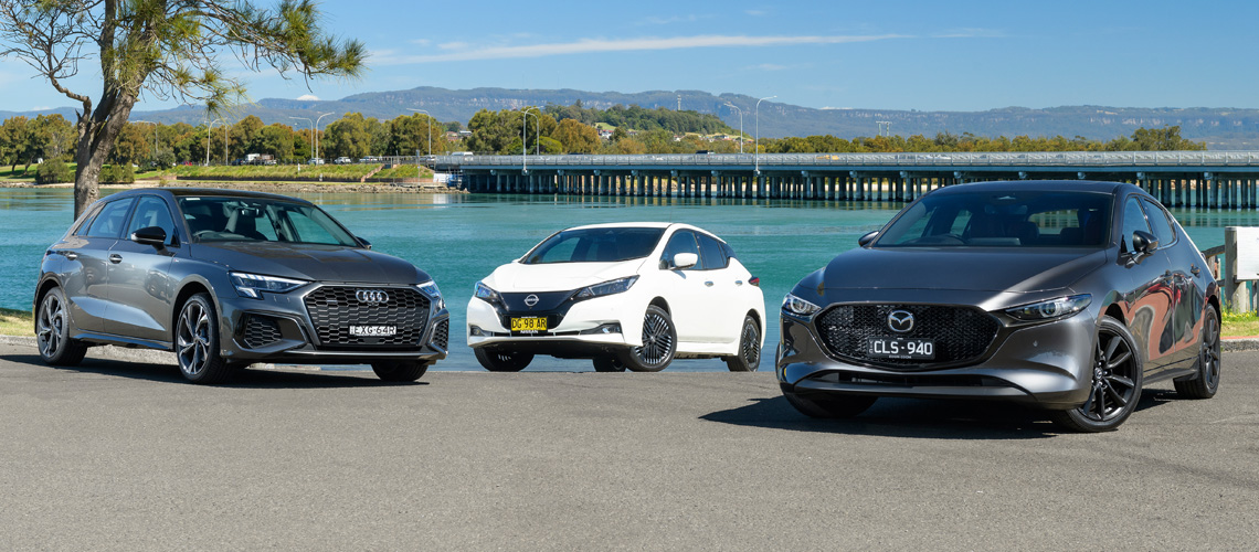 2023 Audi A3 Sportback 40 TFSI, 2023 Mazda3 G25 Astina and 2023 Nissan Leaf e+