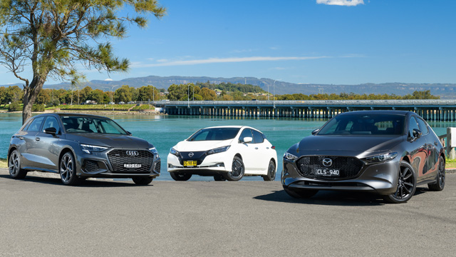 2023 Audi A3 Sportback 40 TFSI, 2023 Mazda3 G25 Astina and 2023 Nissan Leaf e+