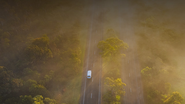 Aerial view of car driving down long road surrounded by trees and bushes