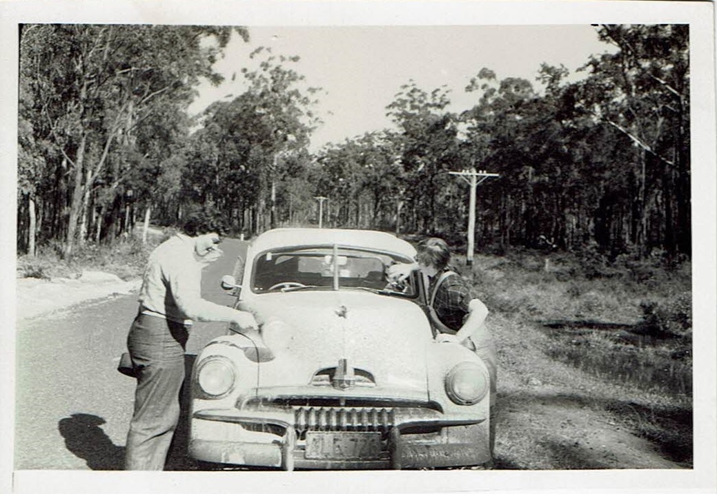 Sue's 1954 road trip - Washing the car out of Maclean