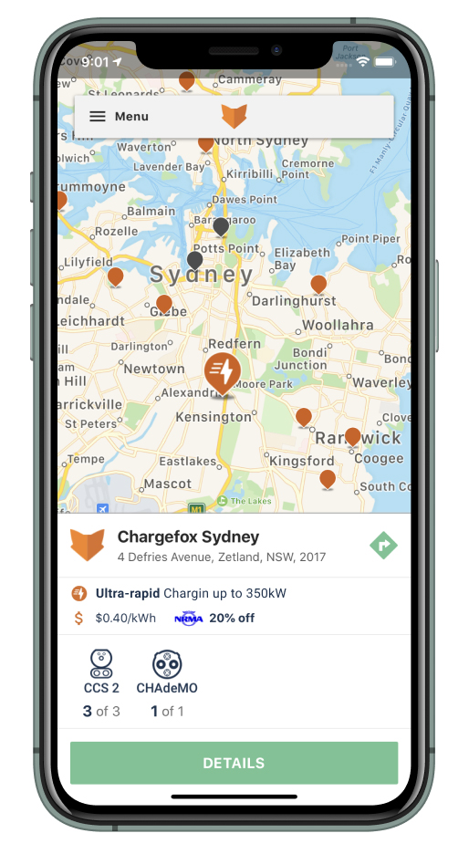 Chargefox app screen