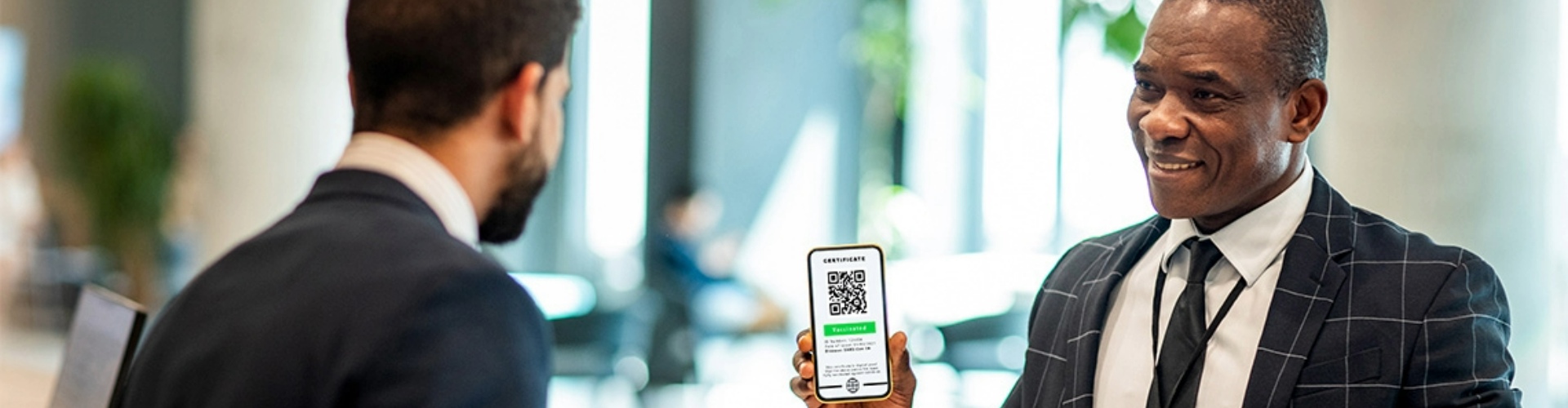 A man showing another man a QR code on his phone.