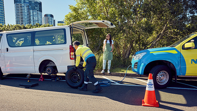 Flat tyre breakdown with NRMA Roadside assistance Business member and patrolman