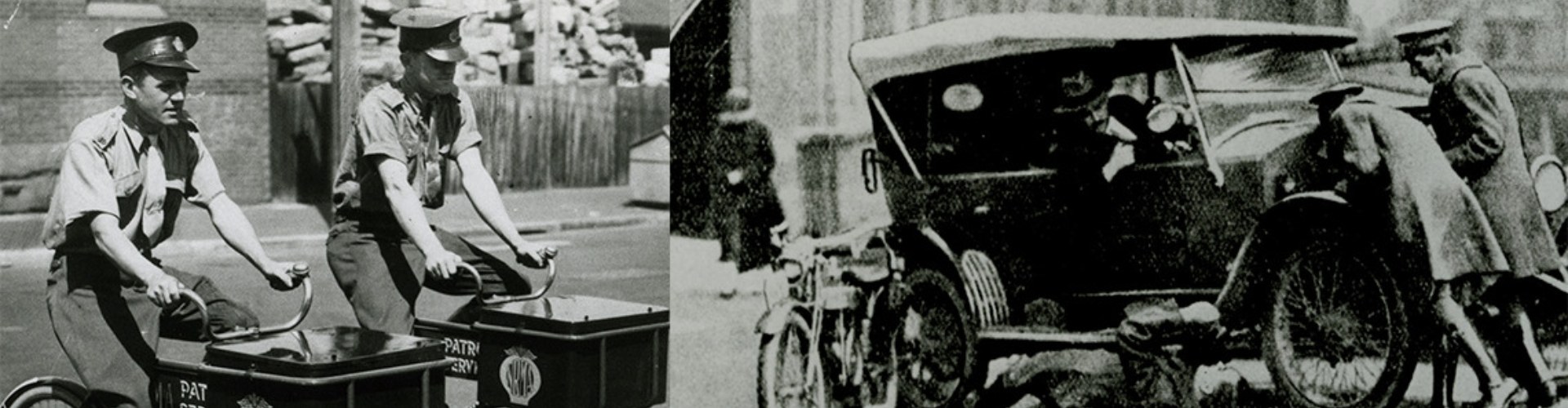 NRMA patrolmen at work in the 1920s and 1940s black and white photo montage of 1940s nrma patrolmen on bicycles during petrol rationing and 1920s picture of a broken down vintage car being attended by nrma patrolmen