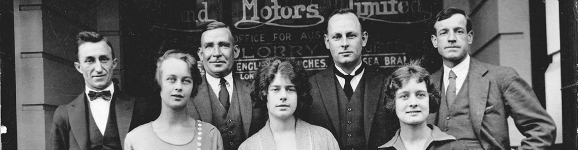 NRMA Insurance Foundation Staff 1920s black and white photograph from the 1920s of NRMA insurance foundation staff, including four men and three women