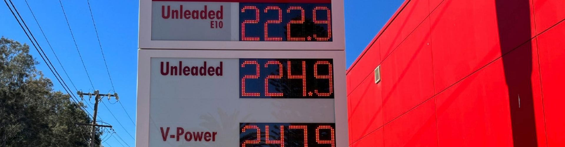 fuel-prices-on-digital-sign-1920x500 A digital sign showing fuel prices of Unleaded E10 at 222.9, Unleaded at 224.9 and V Power at 247.9.