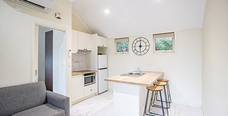 River Spa Cabin kitchen, Bright