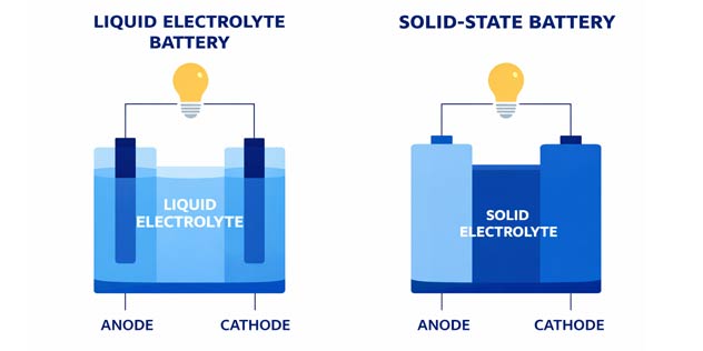Graphic image comparing a liquid and solid state battery