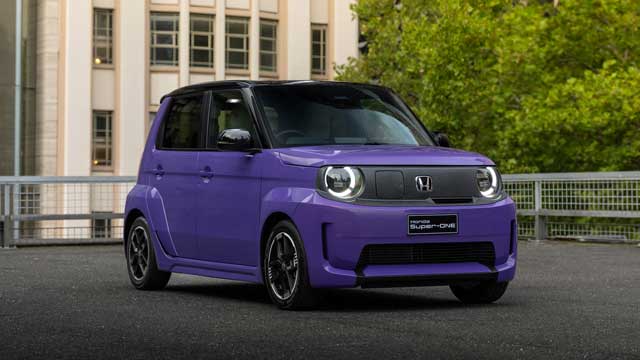 Purple Honda Super One kei car on city roof