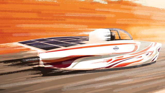 Illustration of white and red solar car on orange background