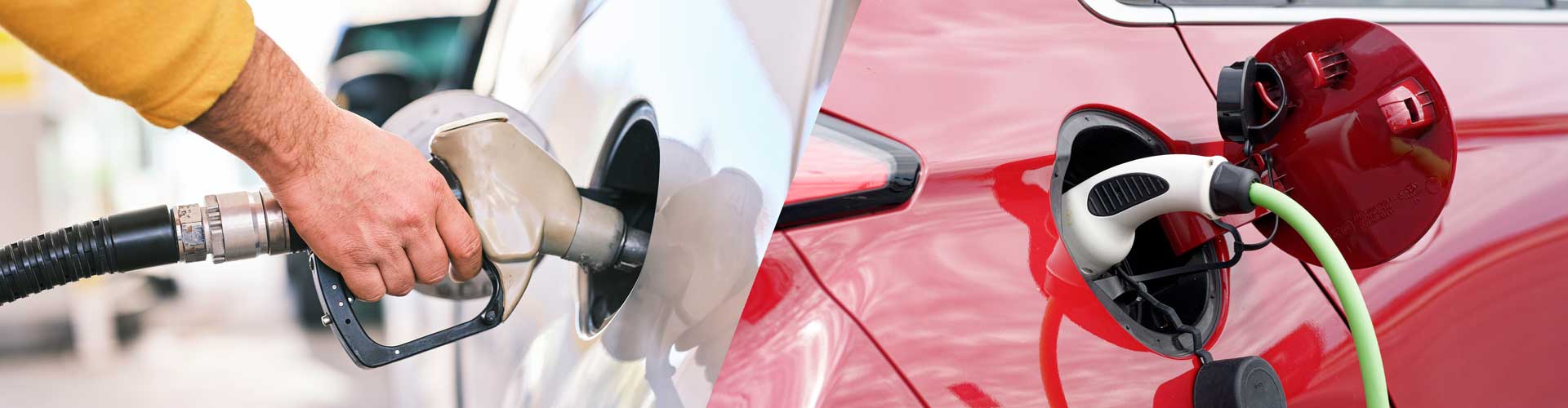 A montage of a petrol bowser and an EV charger