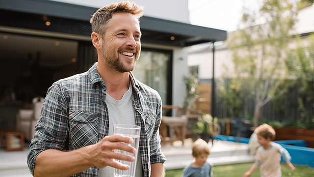 Man holding a glass of water in the backyard of a home with kids