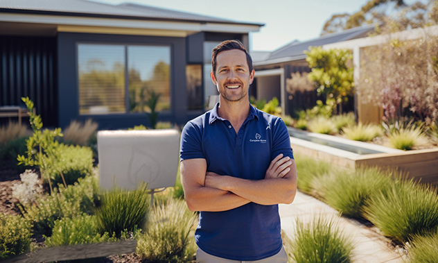 man in blue shirt standing outside with arms crossed with a house and home water filtration system behind him