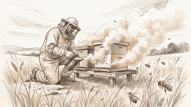 A beekeeper using a smoker