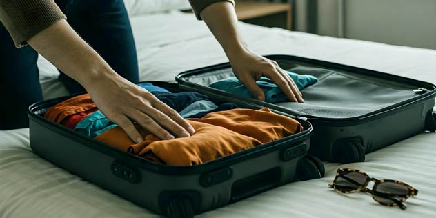 Two hands packing a travel bag