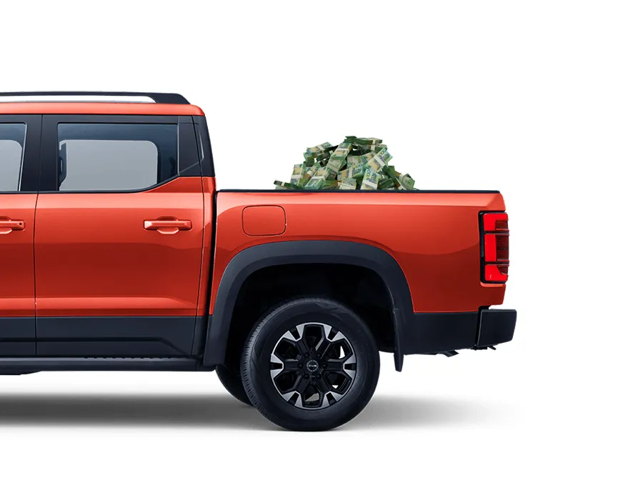 Red ute with money in the tray