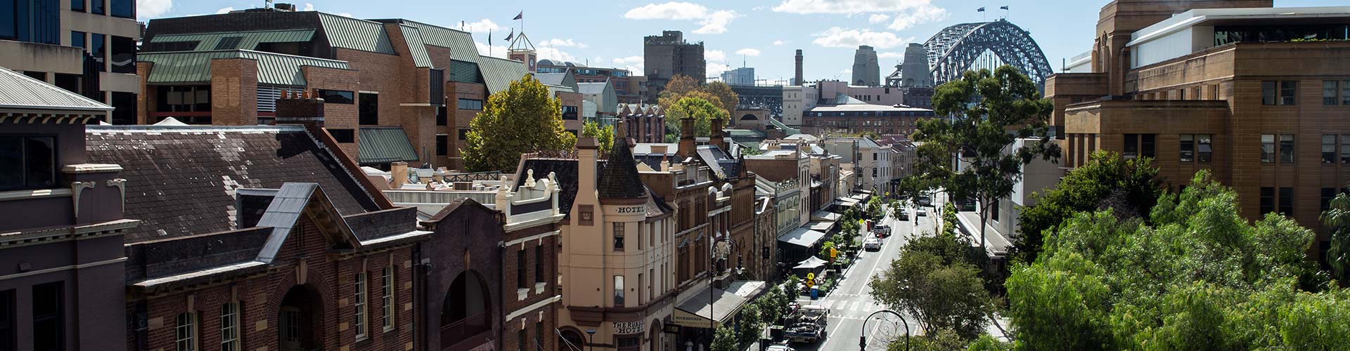 The Rocks streetscape Sydney NSW arial view of historic streetscape with the Sydney Harbour Bridge in the background