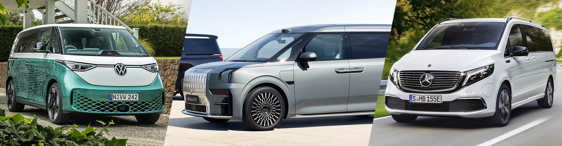 Montage of one white and one black Zeekr 009, a green and white ID.Buzz and a white EQV