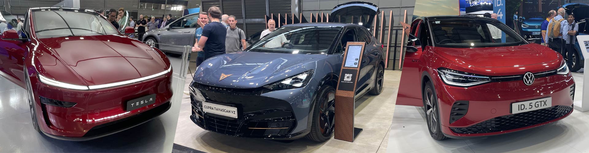 Photo montage of 2025 Tesla Model Y, Volkswagen ID.5 and Cupra Tavascan