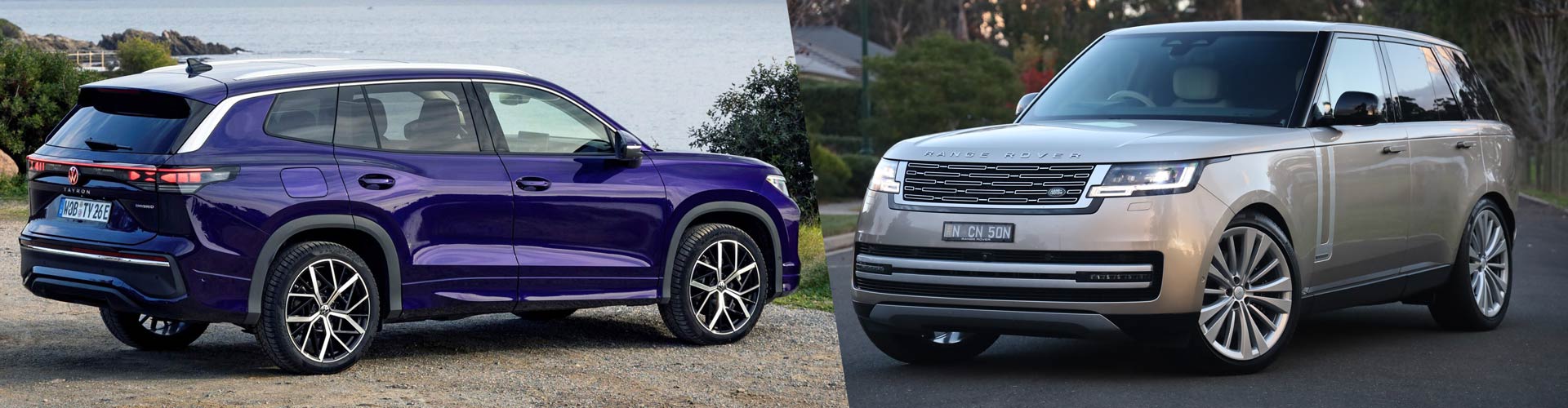 A montage of a blue VW and a brass range rover