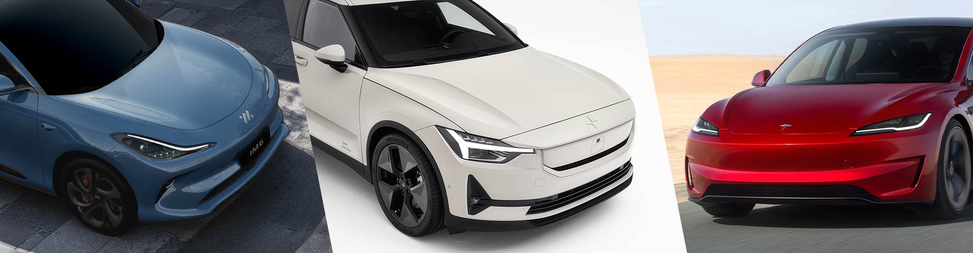 A montage of a blue car, white car and red car