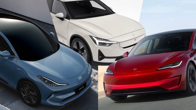 A montage of a blue car, white car and red car