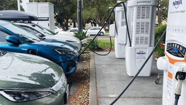 A row of electric vehicles plugged into charging posts.