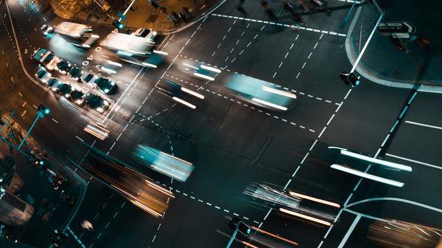Aerial view of traffic heading to the Harbour Bridge at night in Sydney