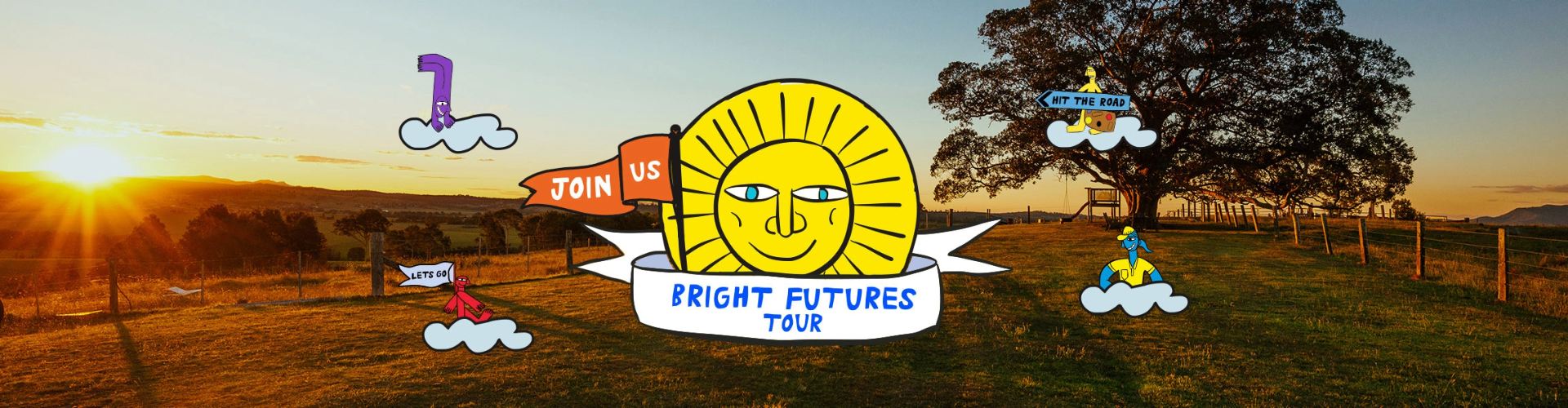 The Bright Futures Tour logo against a rural sunset