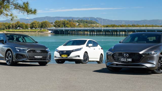 Audi A3 vs Mazda3 vs Nissan Leaf e next to river