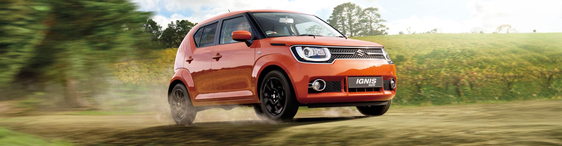 A red 2017 Suzuki Ignis driving near a field of flowers