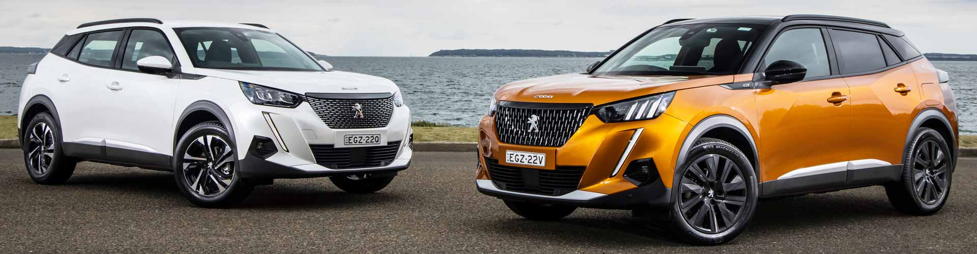A white and an orange 2021 Peugeot 2008 parked on bitumen in front of water