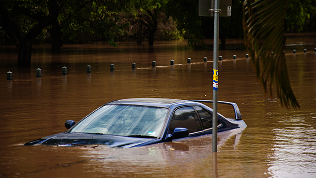 Car submerged in flood waters
