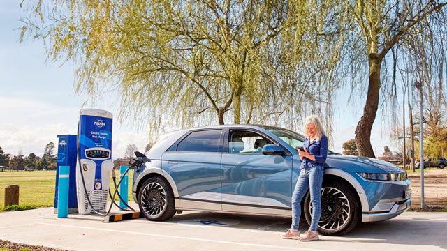 Woman charging a Hyundai Ioniq 5 at an NRMA EV charger