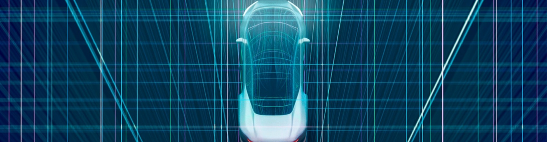 Computer generated car suspended in a grid of neon lines with black background.