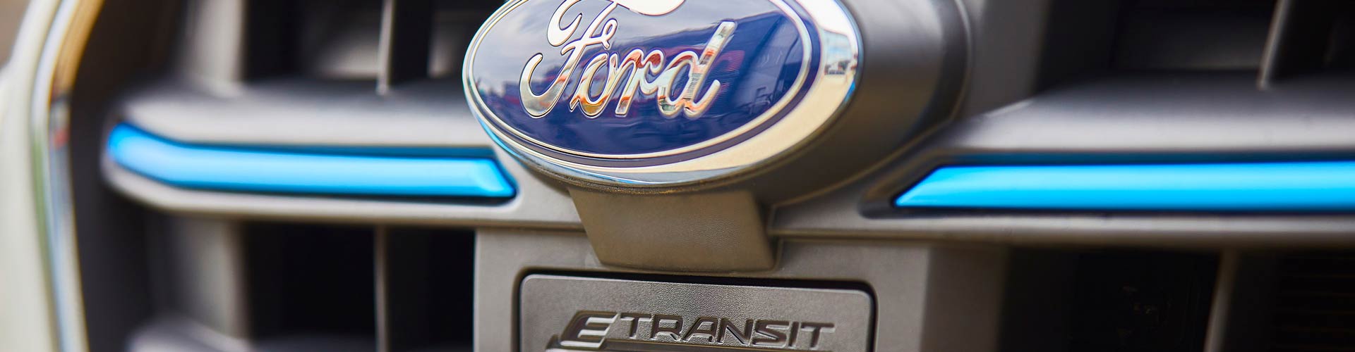 Closeup of the front of an electric Ford eTransit van