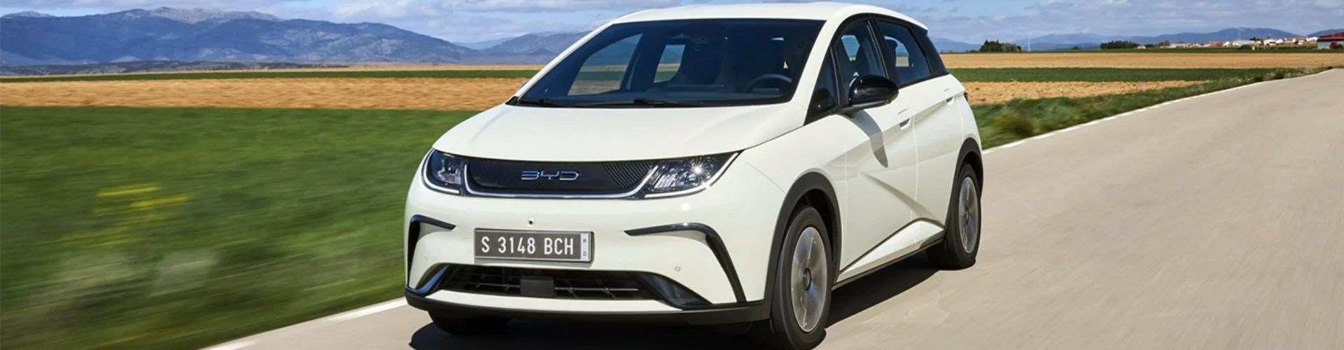 Front-angle view of a white BYD Dolphin driving along a road and a view of a picturesque background.