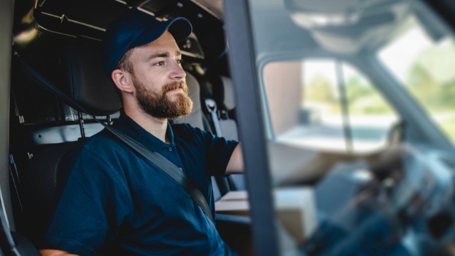 A delivery-van driver behind the wheel