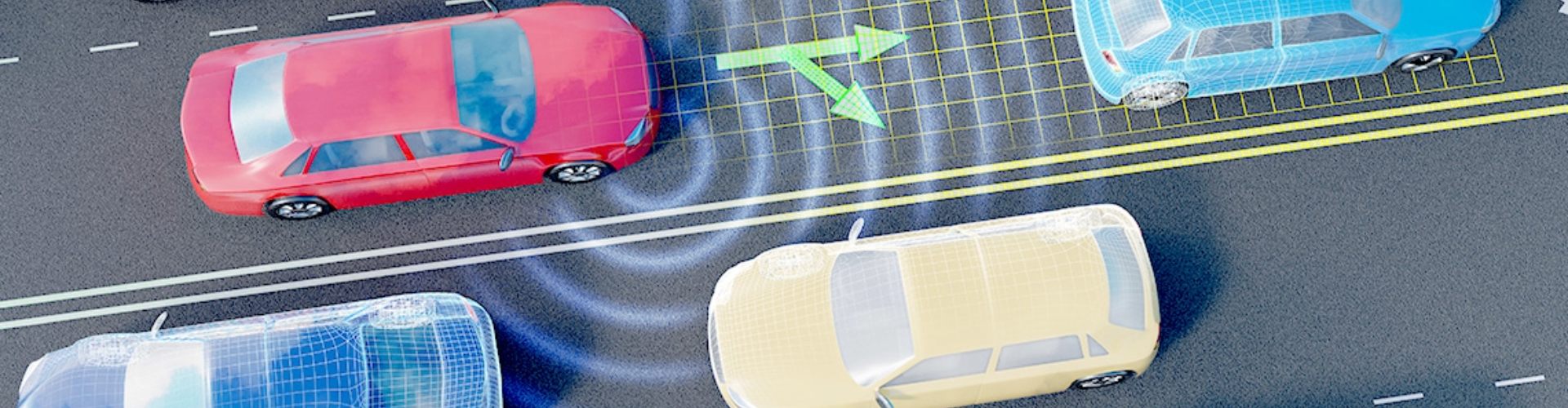 A computer-generated image of a vehicle using its sensors to navigate through traffic