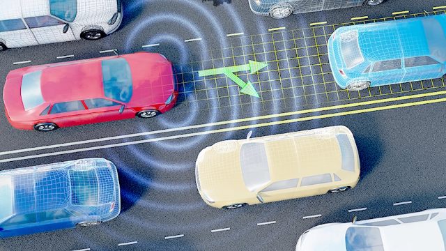 A computer-generated image of a vehicle using its sensors to navigate through traffic