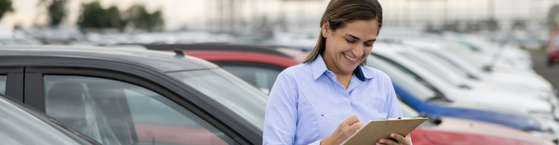 A lady looking down and smiling at her clipboard, while standing in a lot of cars parked in straight rows.