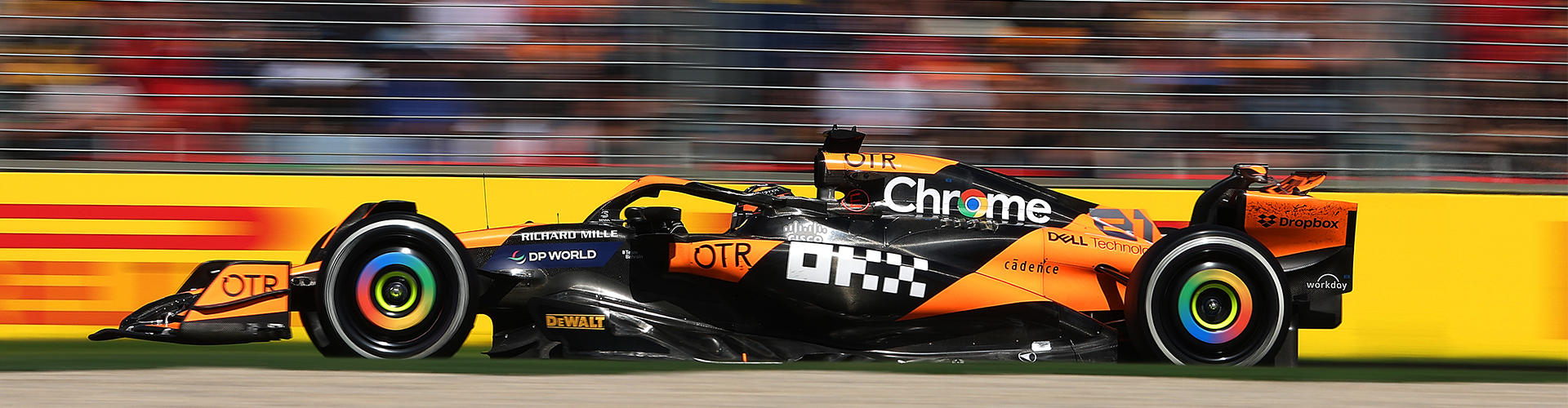 An F1 car driving fast with a blurred background