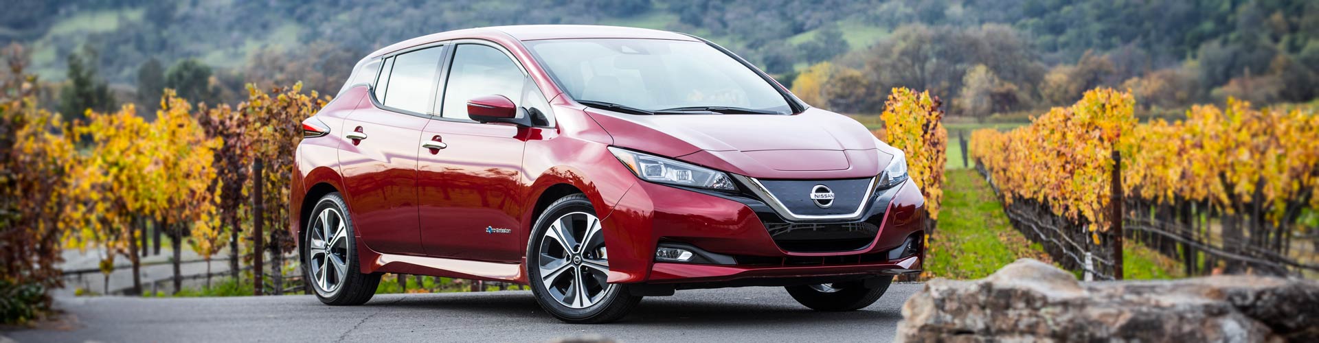 Red 2019 Nissan Leaf parked in front of a vineyard