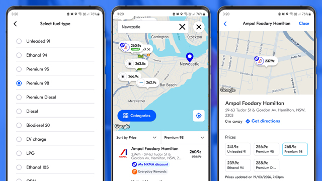 Images of the fuel finder functions in My NRMA app