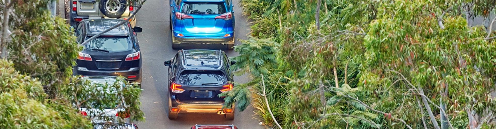 A group of vehicle seen from overhead along lush country road
