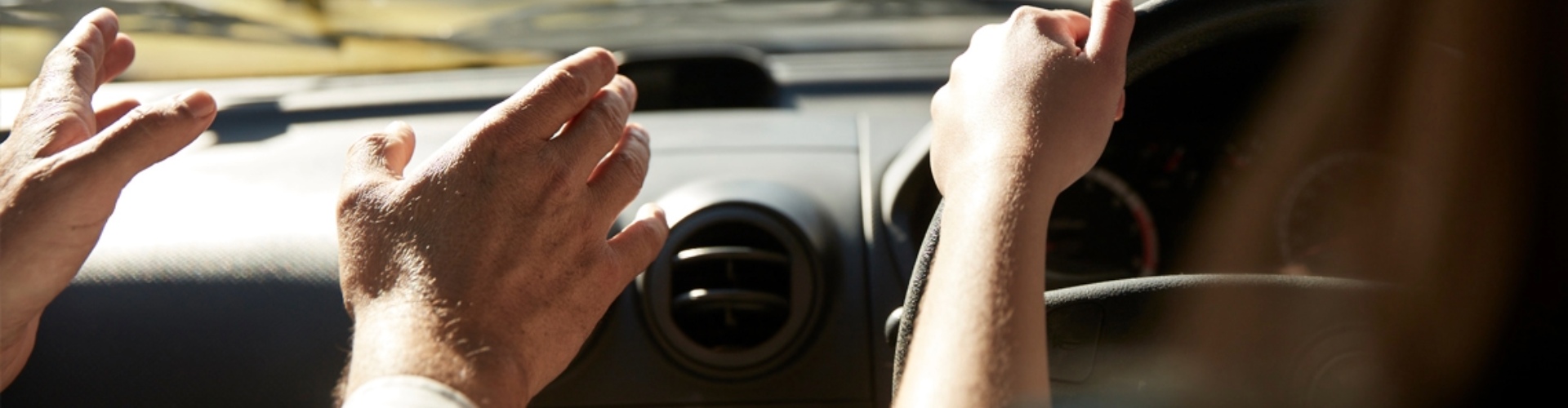 Hands on a steering wheel while a passenger gesticulates