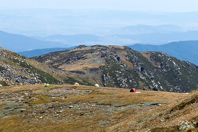 Tents pitched on a mountain in Kosciuszko National Park.