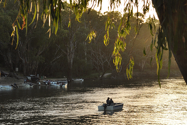 A motorboat on the Edward River in Deniliquin