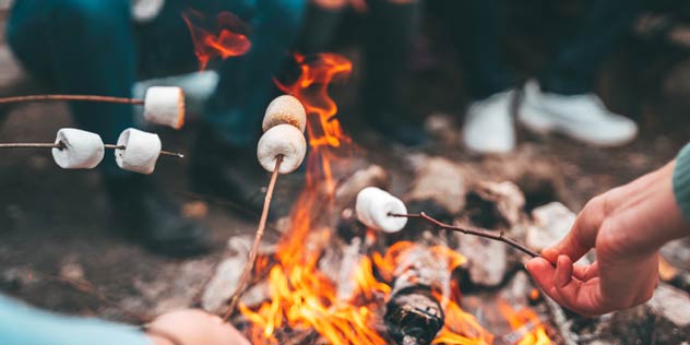 Several sticks being held over a campfire with marshmallows on them
