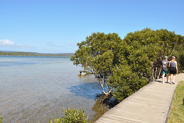 Couple walking past oyster leases on boardwalk.